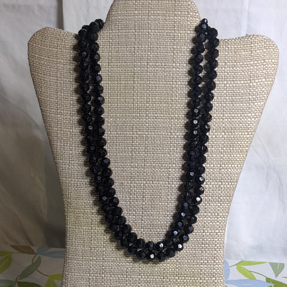 Vintage Double Strand Black Faceted Beads, Adjustable, Stamped Hong Kong